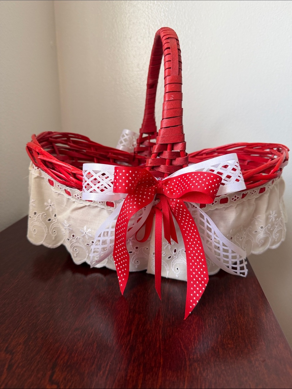 Red Woven Gift Basket with White Lace Trim